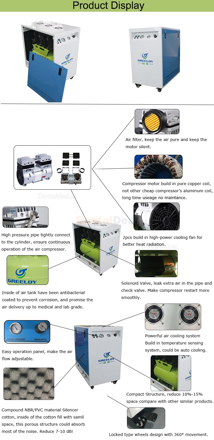 Greeloy&reg; GA-82X 1600W/2HP Silent Dental Oilless Air Compressor with Silent Cabinet